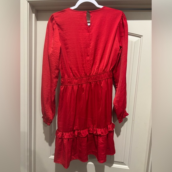 Women’s satin red long sleeve dress with ruffles - Picture 4 of 4